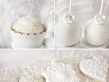 sparkling white cookies, cupcakes and pops are amazing for your winter bridal shower dessert table