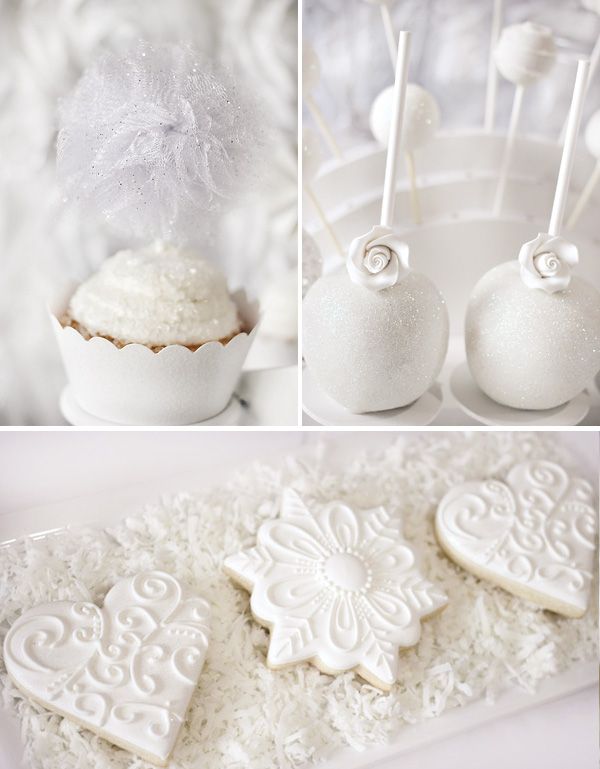 Sparkling white cookies, cupcakes and pops are amazing for your winter bridal shower dessert table