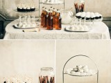 a stylish and simple dessert table with ltos of white desserts like cookies, macarons, cupcakes and some drinks in bottles