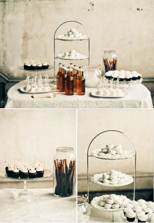 a stylish and simple dessert table with ltos of white desserts like cookies, macarons, cupcakes and some drinks in bottles