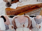 a rustic hot chocolate bar with pinecones, all kinds of syrups and toppings and mugs in knit cozies