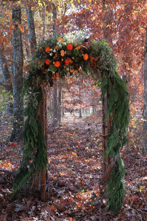 a gorgeous bright wedding arch of wood covered with evergreens and ferns, with bright blooms and moss on top is amazing for a fall woodland wedding