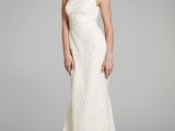 a lace one shoulder mermaid wedding dress with a detail on the shoulder, a small train is a romantic idea