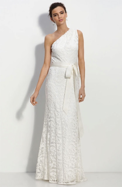 a romantic lace one shoulder wedding dress with a sash is a stylish idea for a romantic wedding