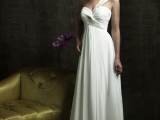 a catchy one shoulder plain wedding dress with an embellished detail and bodice and a pleated skirt for a refined bride