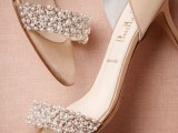 chic tan shoes with fully embellished and pearled straps are very stylish and very glam