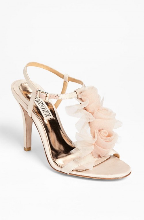 blush wedding shoes with straps and blush fabric blooms are a veyr glam and airy idea for a romantic summer bride
