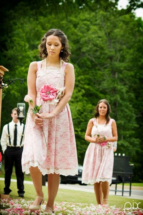 pink lace A-line midi dresses, MaryJane shoes, pearls are great for creating a vintage bridesmaid look