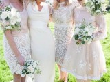 neutral lace A-line bridesmaid dresses with sashes are amazing for spring and summer vintage weddings in neutrals