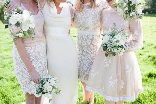 neutral lace A-line bridesmaid dresses with sashes are amazing for spring and summer vintage weddings in neutrals
