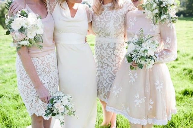 Neutral lace A line bridesmaid dresses with sashes are amazing for spring and summer vintage weddings in neutrals