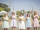 pastel A-line knee lace bridesmaid dresses and lace umbrellas are amazing for spring and summer weddings done with vintage style