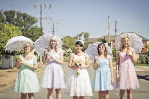 pastel A-line knee lace bridesmaid dresses and lace umbrellas are amazing for spring and summer weddings done with vintage style