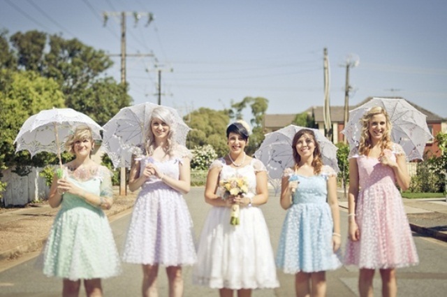 Pastel A line knee lace bridesmaid dresses and lace umbrellas are amazing for spring and summer weddings done with vintage style