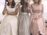 retro-inspired A-line bridesmaid dresses, a neutral, a grey and a pink one, with floral prints are amazing for a vintage wedding