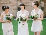 mismatching neutral lace bridesmaid dresses – a mini, a knee and a midi one are amazing for a chic vintage wedding