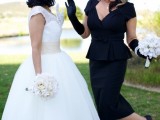 a retro black midi dress with a pencil skirt and a peplum, elegant black shoes and long gloves for a lovely retro look