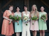 mismatching lace knee and midi bridesmaid dresses are a great idea for a spring or summer wedding with retro vibes