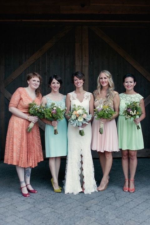 mismatching lace knee and midi bridesmaid dresses are a great idea for a spring or summer wedding with retro vibes