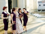 refined plum retro bridesmaid dresses with deep necklines, cap sleeves and pencil skirts are amazing for retro weddings