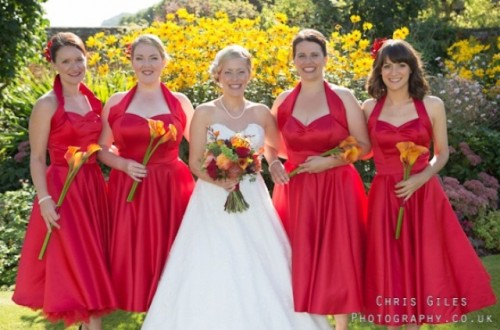 hot red a-line midi dresses with full skirts and A-line straps are adorable for bold summer and fall weddings