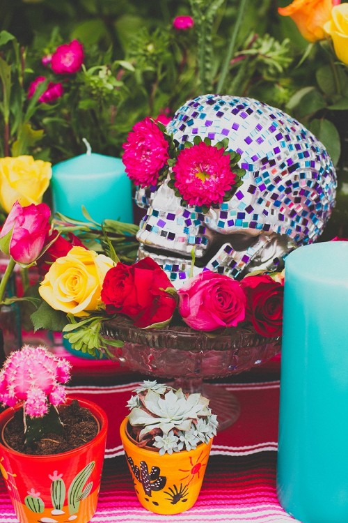 Colorful DIY Mosaic Skull Wedding Centerpiece