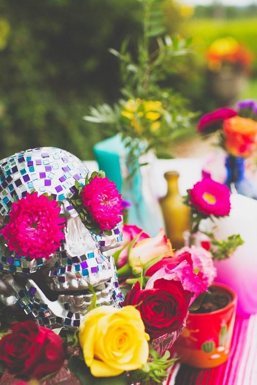 Colorful DIY Mosaic Skull Wedding Centerpiece