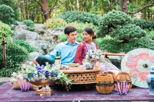 Picture Of colorful japanese inspired tea ceremony engagement shoot  1