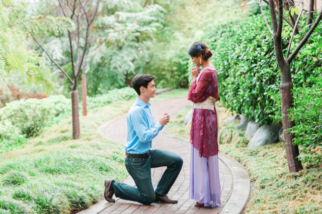 Picture Of colorful japanese inspired tea ceremony engagement shoot  12