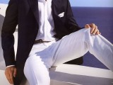 white trousers, a white shirt, a black jacket for a dapper and very elegant groom’s look