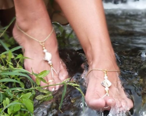 simple gold thread barefoot wedding sandals with beads and coins are amazing for a beach boho bride