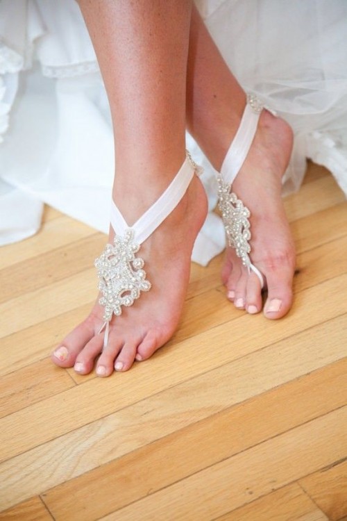 fully embellished barefoot beach wedding sandals are amazing to highlight your bridal look with a touch of glam