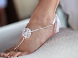 embellished barefoot wedding sandals with a macrame coin of shiny thread look chic and cool