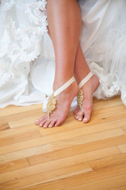 neutral and gold embellished barefoot sandals with a modern feel look bold, cute and chic