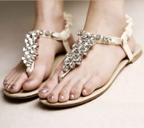 heavily embellished flat wedding sandals are amazing to add a shiny and glam touch to the look