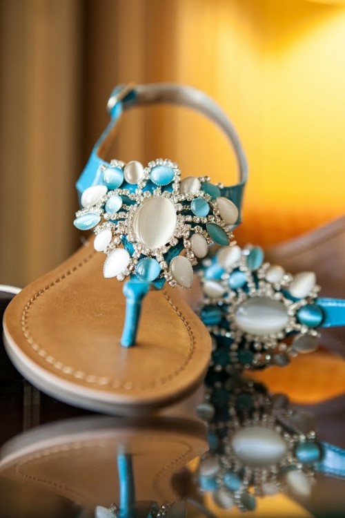 heavily embellished blue and white rhinestone sandals are amazing for rocking them at the beach