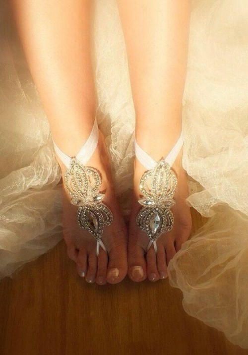 fully embellished barefoot wedding sandals will match a beach or a garden bridal look