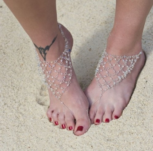 fully embellished net barefoot sandals are amazing for a boho beach bride or if you want to add a boho touch to the look