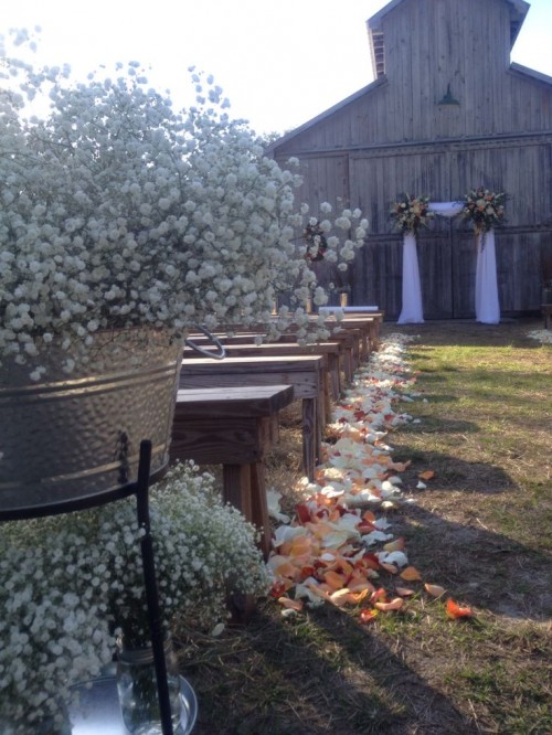 an outdoor barn wedding ceremony space with a fabric arch and blooms and greenery, baby's breath arrangements and petals on the ground
