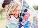 a cute and colorful patchwork blanket from your home will be a nice personal touch to your engagement pics