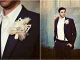 a vintage groom’s look with a black suit, a white button down, suspenders and a whimsy boutonniere