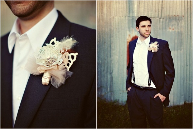 a vintage groom's look with a black suit, a white button down, suspenders and a whimsy boutonniere