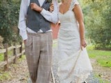a vintage-inspired groom’s look with checked pants, a striped waistcoat and a neutral button down plus a cap