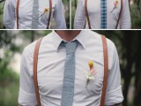a stylish vintage-inspired outfit with a white button down, a blue printed tie and amber leather suspenders