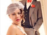 a vintage groom’s outfit with a taupe suit, a graphite grey waistcoat, a white button down, a red bow tie and a cap