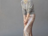 a copper sequin maxi mermaid skirt with a train is a romantic and elegant piece to wear to a modern and romantic wedding