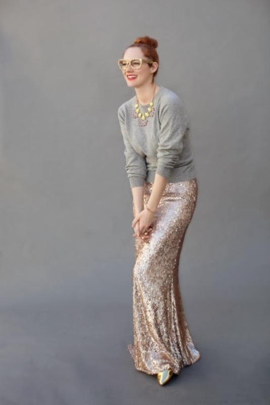 a copper sequin maxi mermaid skirt with a train is a romantic and elegant piece to wear to a modern and romantic wedding