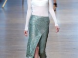 an asymmetric seafoam sequin midi skirt is an out of the box and bold idea to rock at a party