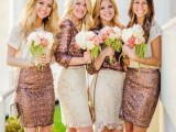 copper sequin mini skirts liek these ones can be rocked by both brides and bridesmaids and will add a warm touch to the outfit