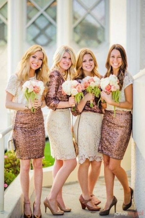 copper sequin mini skirts liek these ones can be rocked by both brides and bridesmaids and will add a warm touch to the outfit